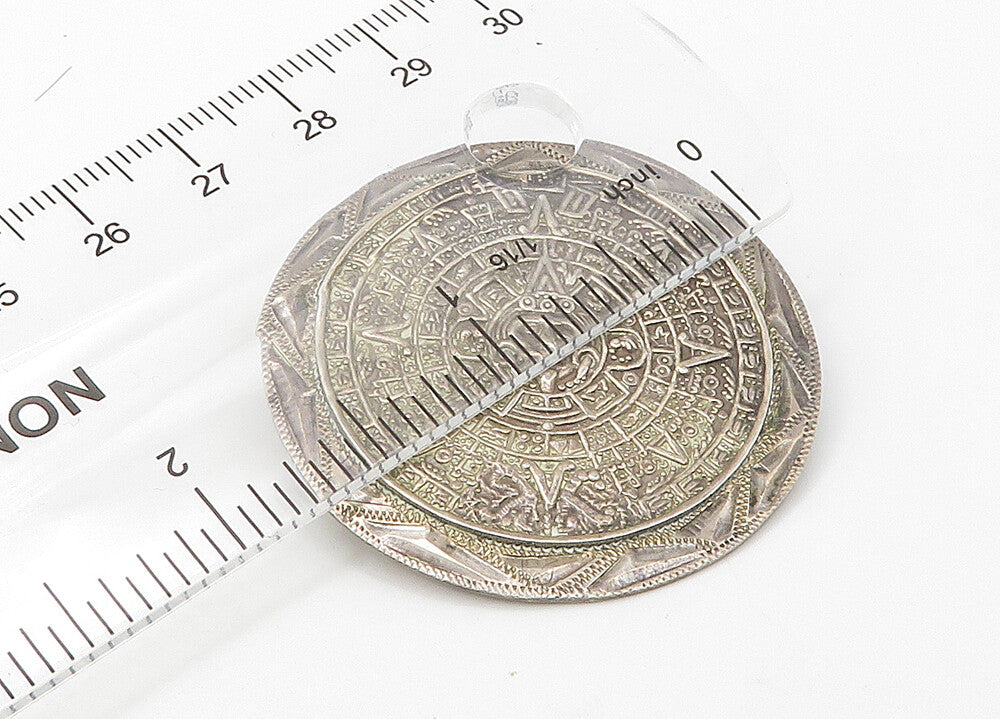 925 Sterling Silver  Vintage Mayan Aztec Sun Calendar Shiny Brooch Pin  BP8386
