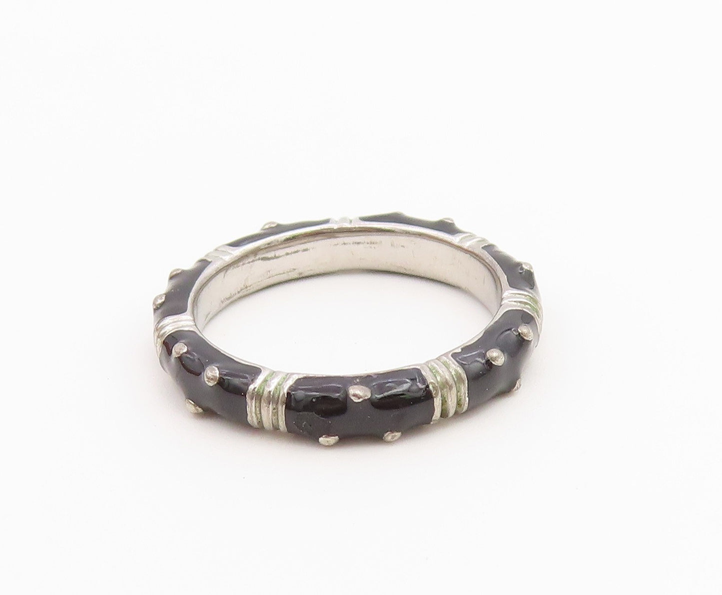 925 Sterling Silver Vintage Ring Modernist Enamel Studded Band  Sz 8  RG36720