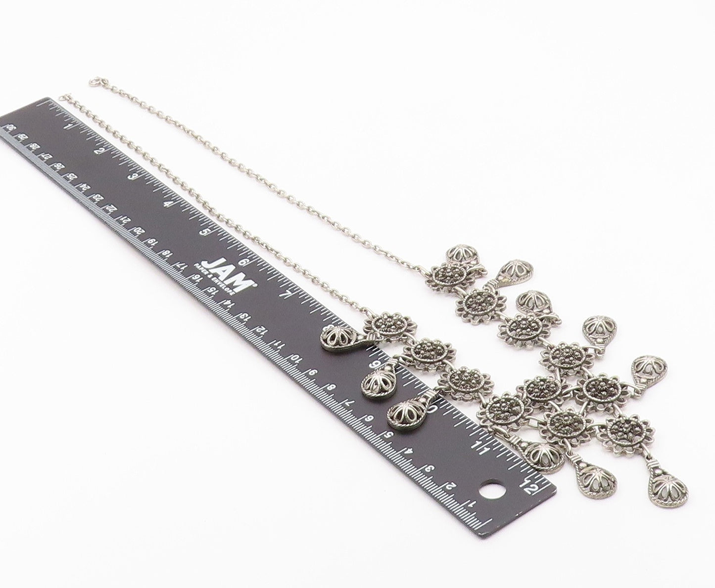 925 Sterling Silver  Vintage Dark Tone Floral Motif Chain Necklace  NE3566
