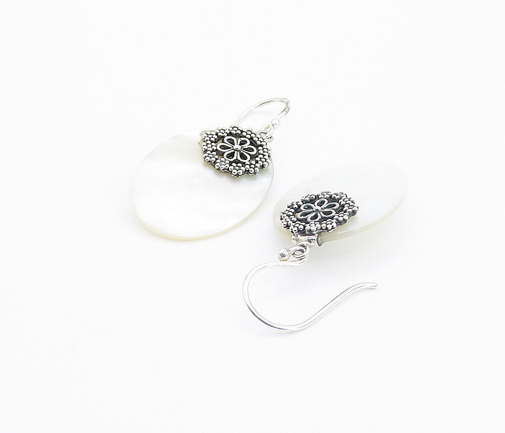 925 Sterling Silver  Mother Of Pearl Floral Detail Oval Dangle Earrings EG3313