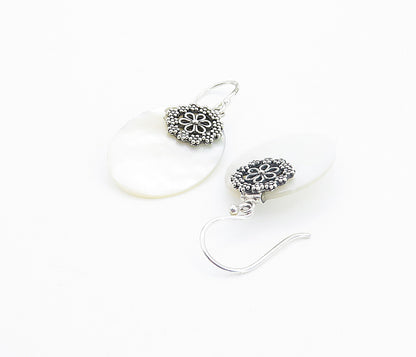 925 Sterling Silver  Mother Of Pearl Floral Detail Oval Dangle Earrings EG3313