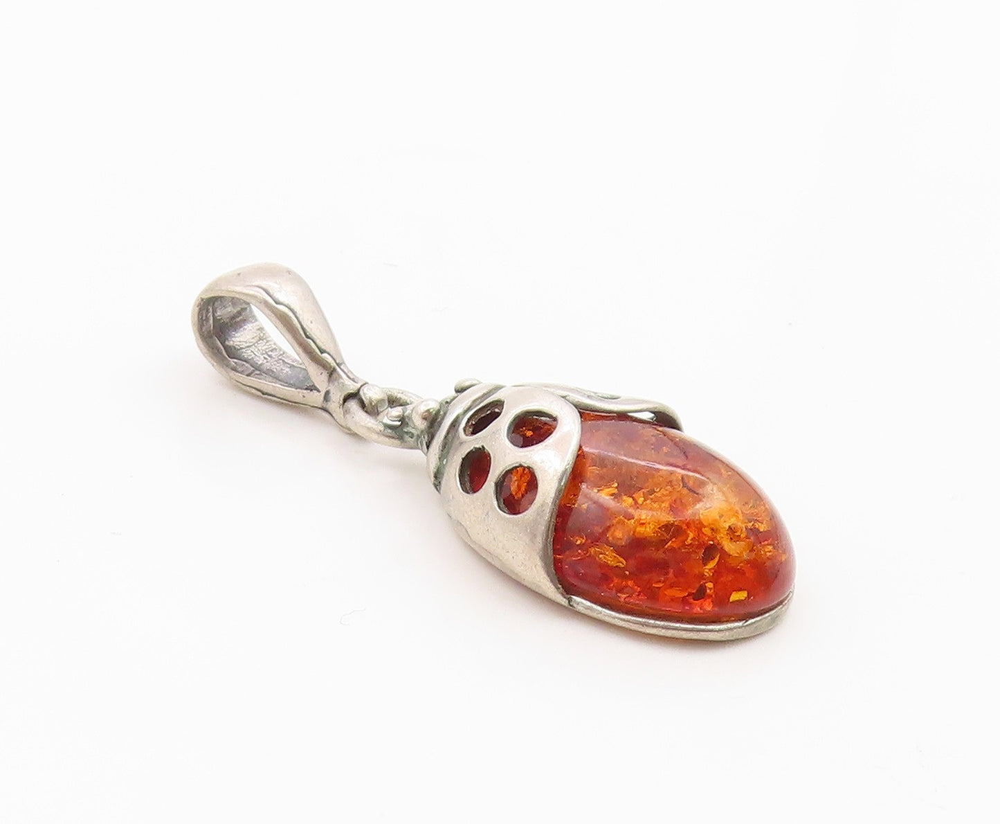 925 Sterling Silver Vintage Pendant Cabochon Honey Amber Ladybird Charm  PT26254