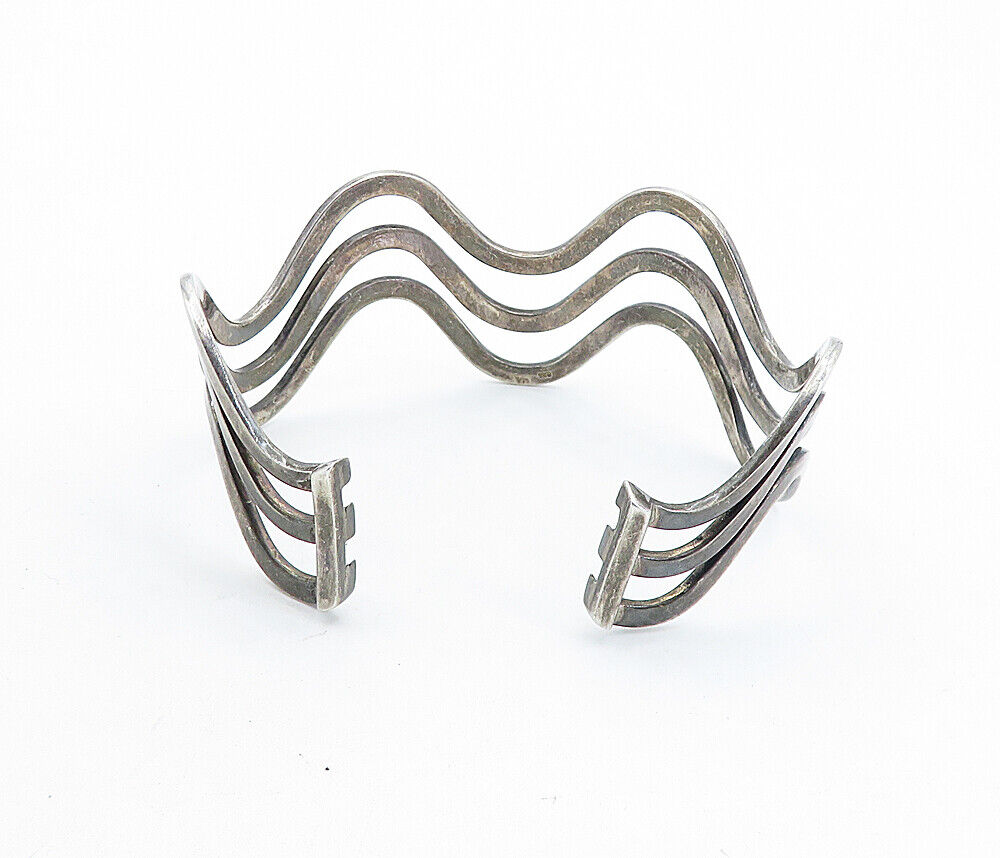 925 Sterling Silver  Vintage Dark Tone Wavy Split Shank Cuff Bracelet  BT2558