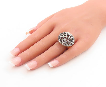 925 Sterling Silver Vintage Ring Round Twisted Rope Woven Net  Sz 9  RG31404