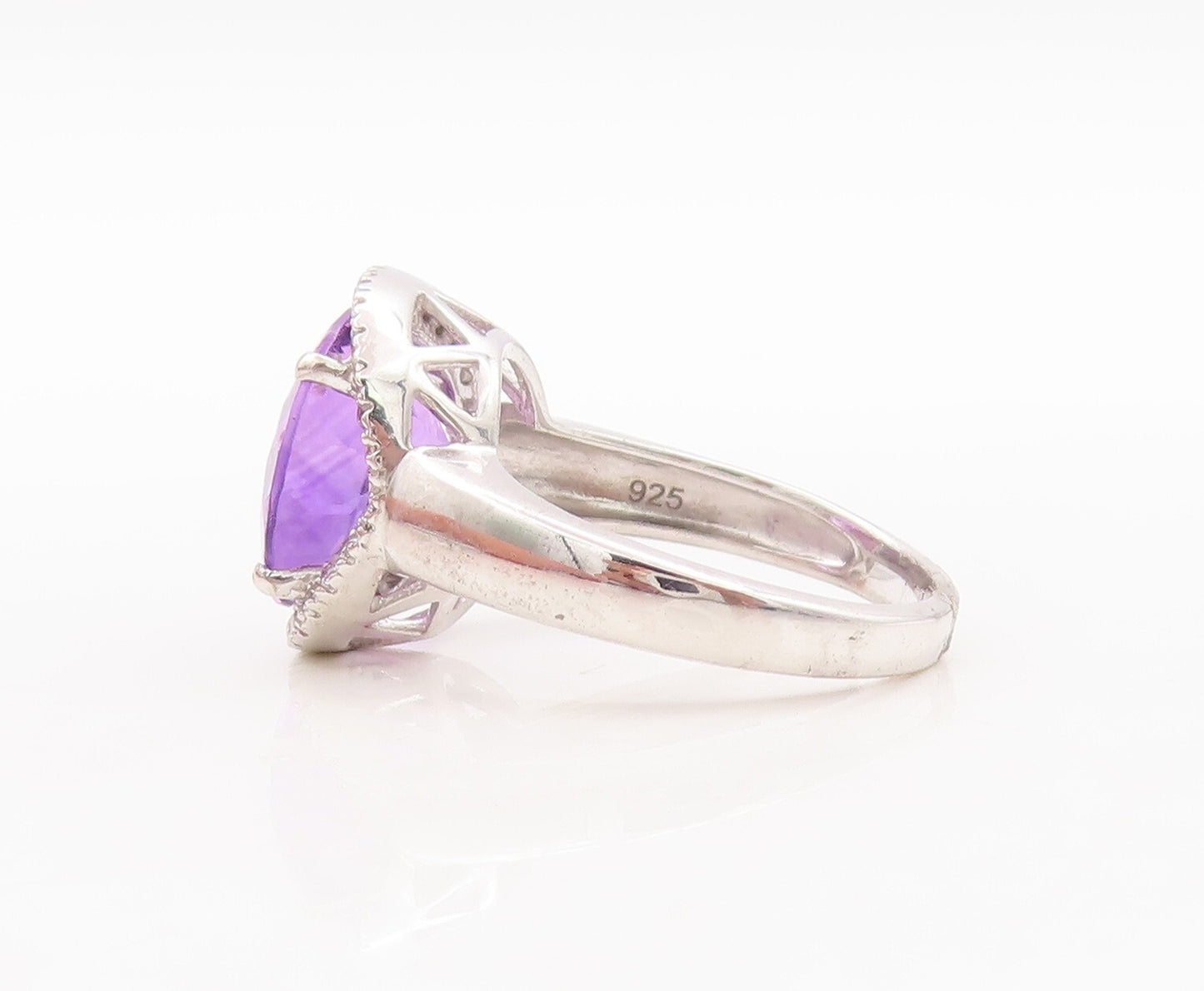 925 Sterling Silver Vintage Ring Round Cut Amethyst Halo CZ  Sz 7.5  RG29571