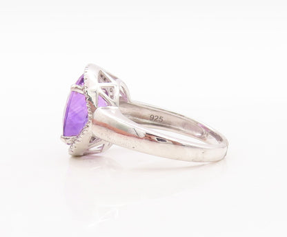 925 Sterling Silver Vintage Ring Round Cut Amethyst Halo CZ  Sz 7.5  RG29571
