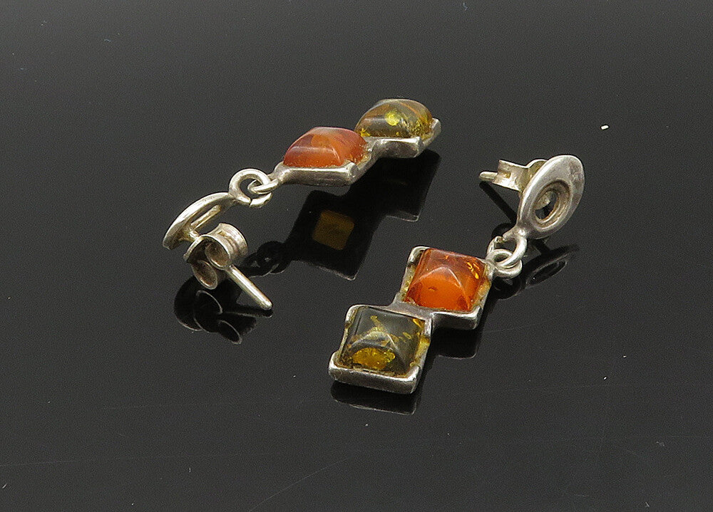 925 Sterling Silver  Vintage Cabochon Amber 2 Stone Dangle Earrings  EG10330