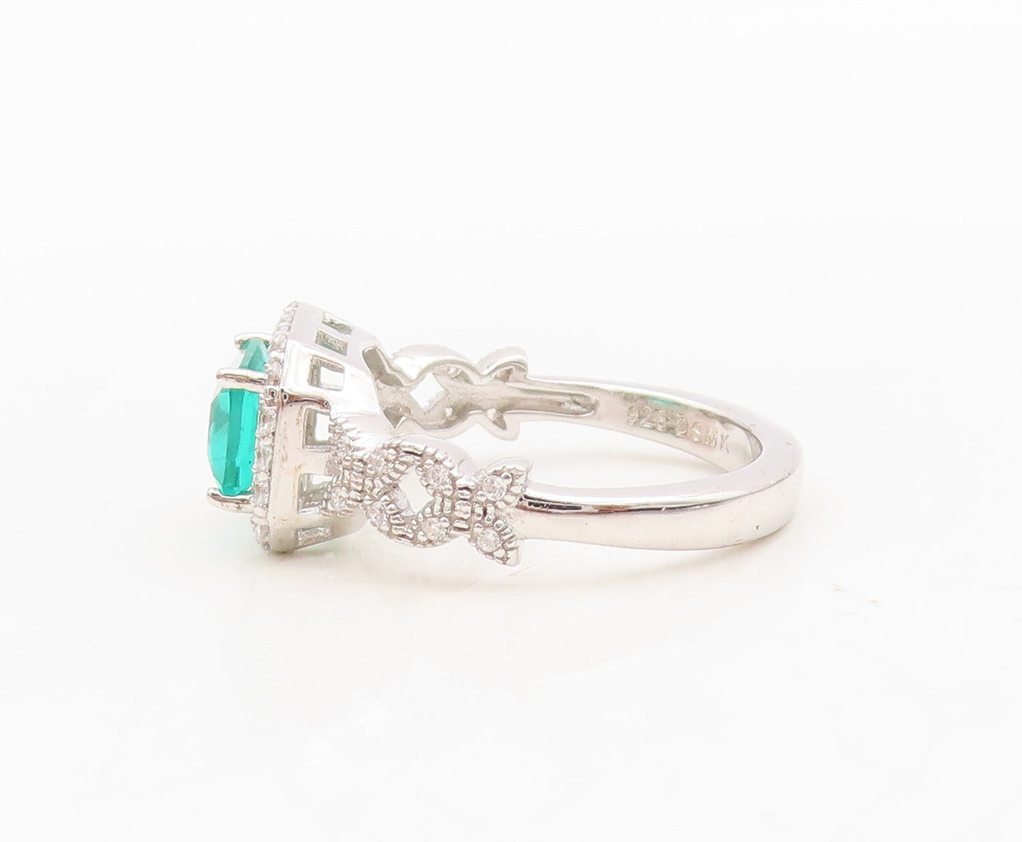 925 Sterling Silver Vintage Ring Rectangle Sea Green Halo White CZ  Sz 7 RG30447