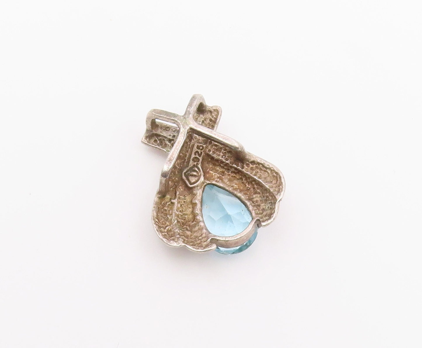 925 Sterling Silver  Vintage Prong Set Tear Drop Blue Topaz Pendant  PT16958