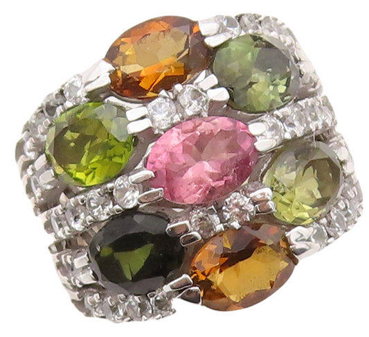 925 Sterling Silver Vintage Ring Designer Multi Color CZ Inlay  Sz 7.5  RG30814