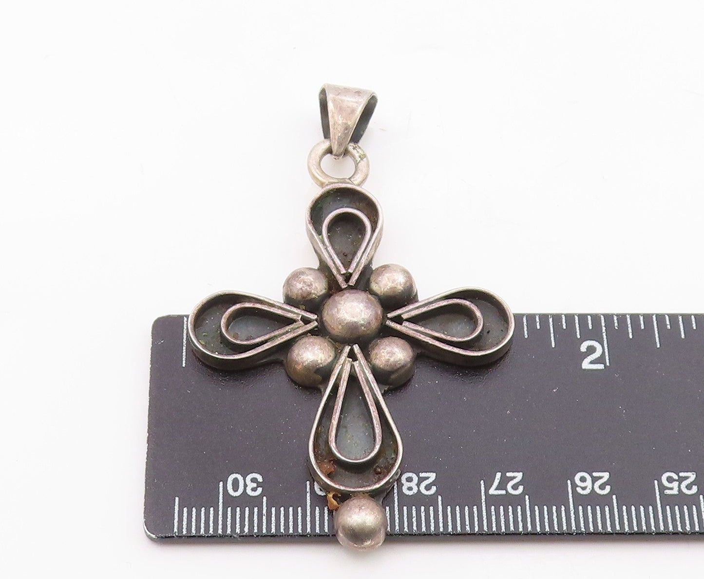 MEXICO 925 Sterling Silver  Vintage Oxidized Religious Cross Pendant  PT18787