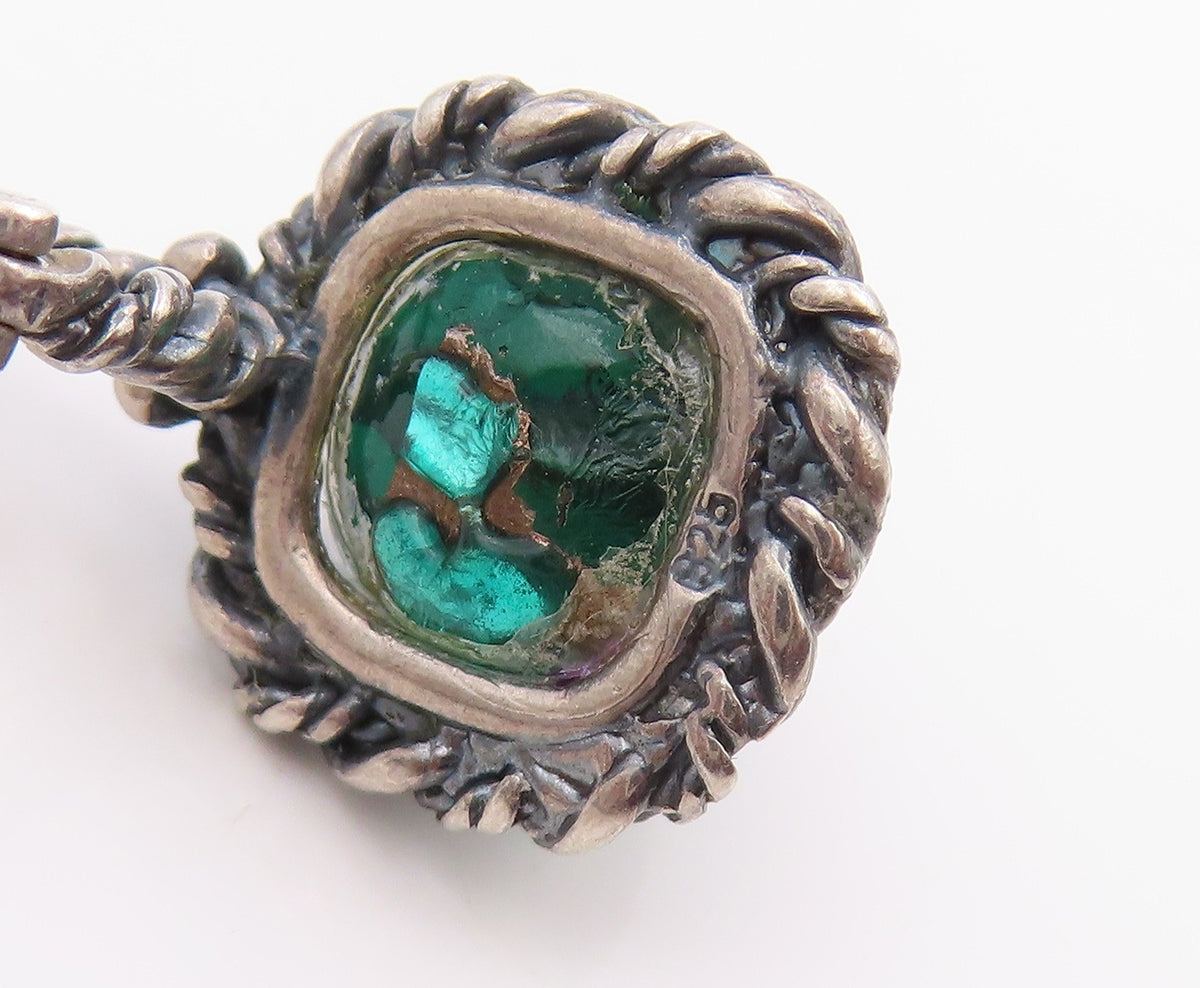 925 Sterling Silver Vintage Earrings Green Gemstone Twisted Rope Drop  EG14213