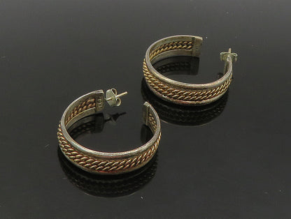 925 Sterling Silver  Vintage Two Tone Twist Raised Edge Hoop Earrings  EG11486