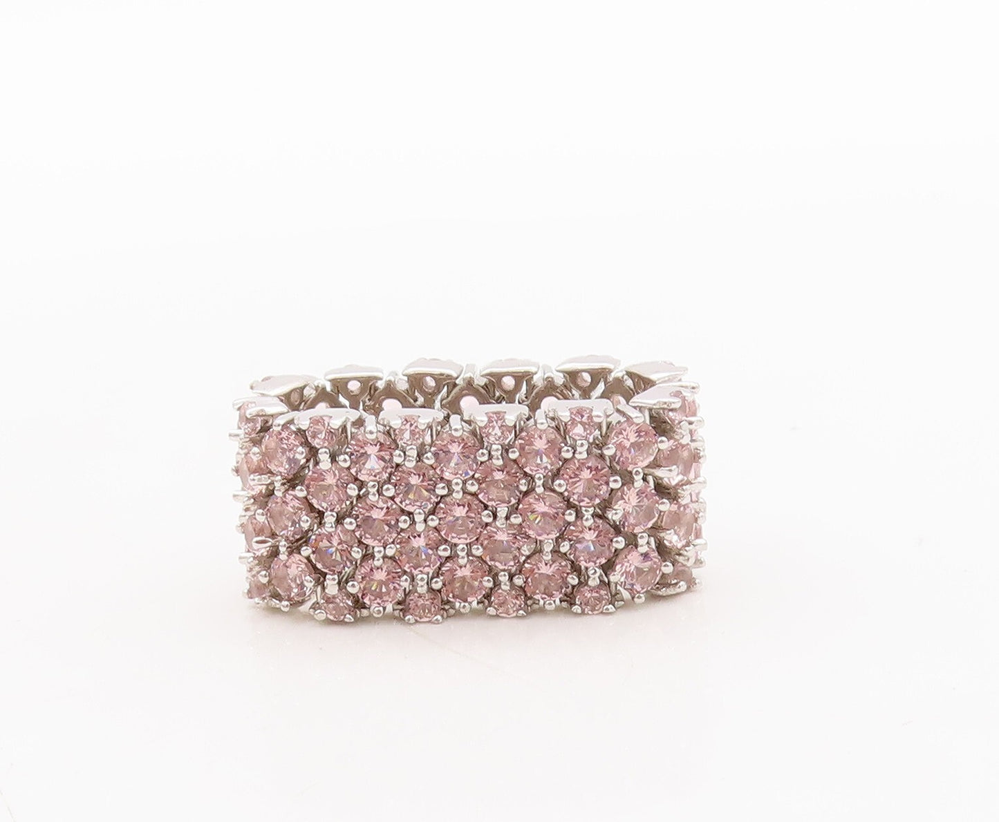 925 Sterling Silver Vintage Ring Pink Gemstones Inlay Broad Band  Sz 7.5 RG29484