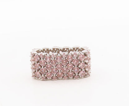 925 Sterling Silver Vintage Ring Pink Gemstones Inlay Broad Band  Sz 7.5 RG29484