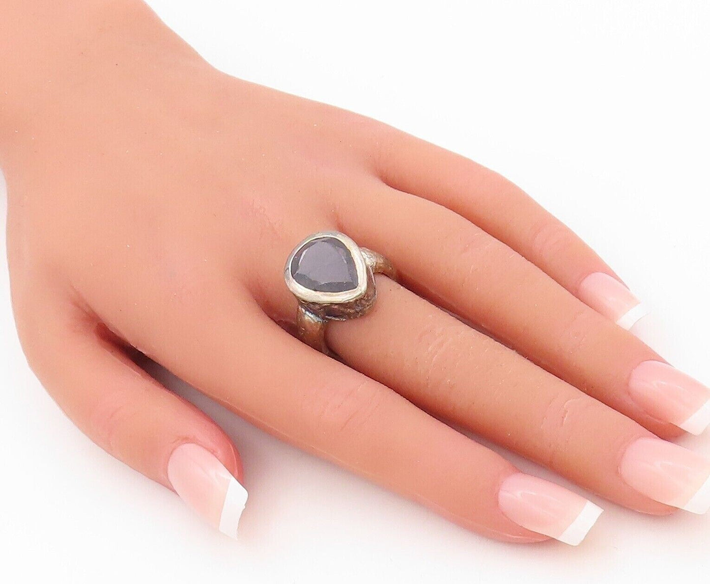 925 Sterling Silver Vintage Ring Solid Drop Cut Onyx Inlay  Sz 7  RG30305