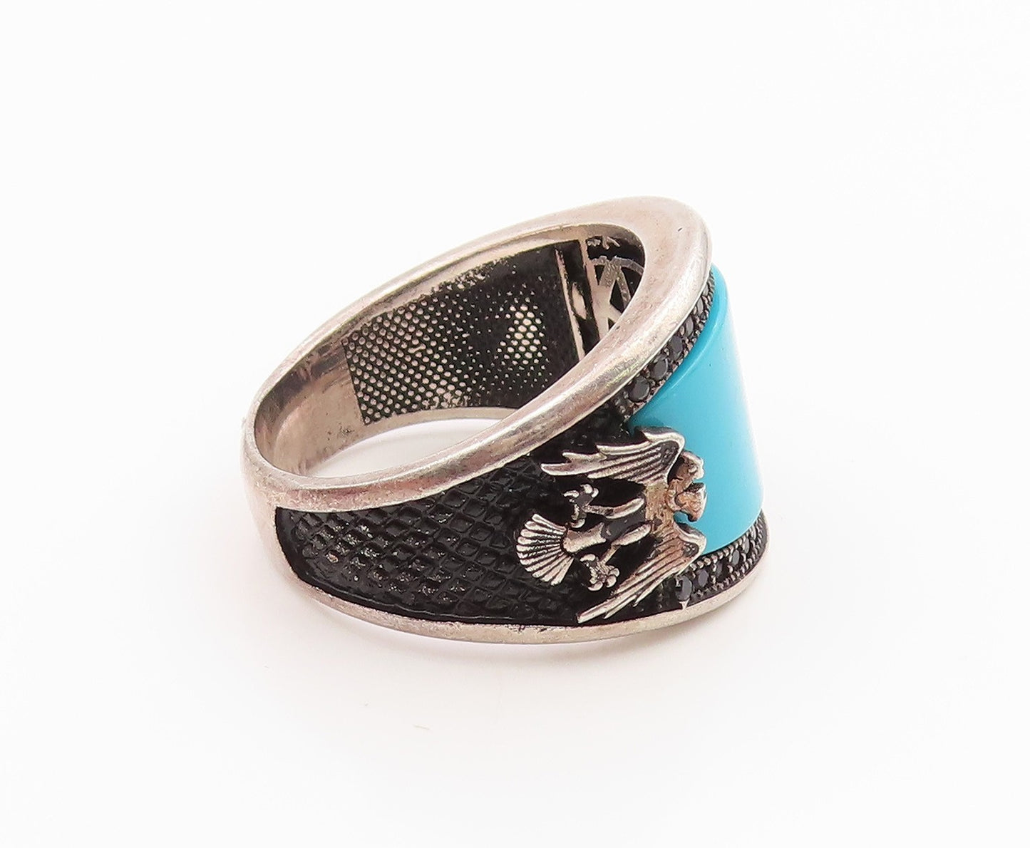925 Sterling Silver Vintage Ring Turquoise & Spinel Eagle Band  Sz 11  RG36077