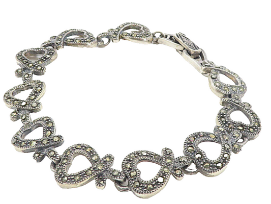925 Sterling Silver  Vintage Marcasite Open Love Heart Chain Bracelet  BT3621