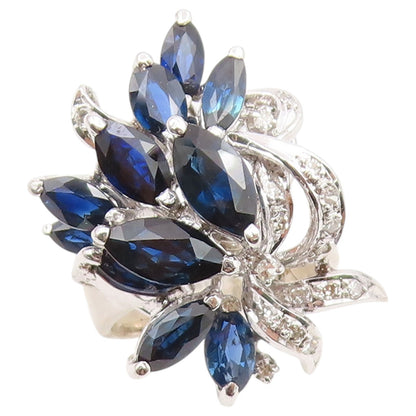925 Sterling Silver Vintage Ring Real Diamonds & Sapphire Flower  Sz 6  RG36623
