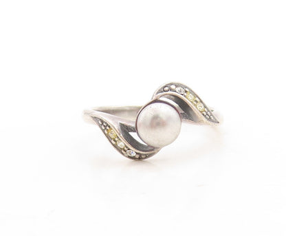 925 Sterling Silver Vintage Ring Designer Swirly Cut Topaz Inlay  Sz 8  RG31183