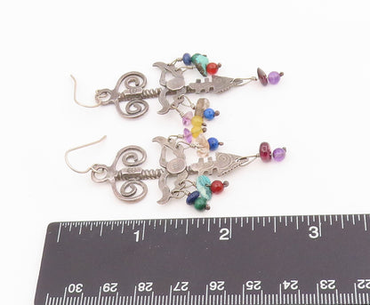 925 Sterling Silver Vintage Earrings Multi Gemstone Tribal Sword Dangle  EG14002