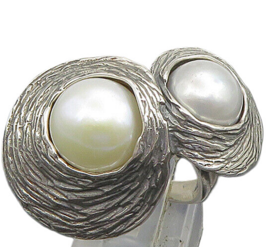 ISRAEL HAGIT GORALI 925 Silver  Vintage Pearls Cocktail Ring Sz 7  RG23457