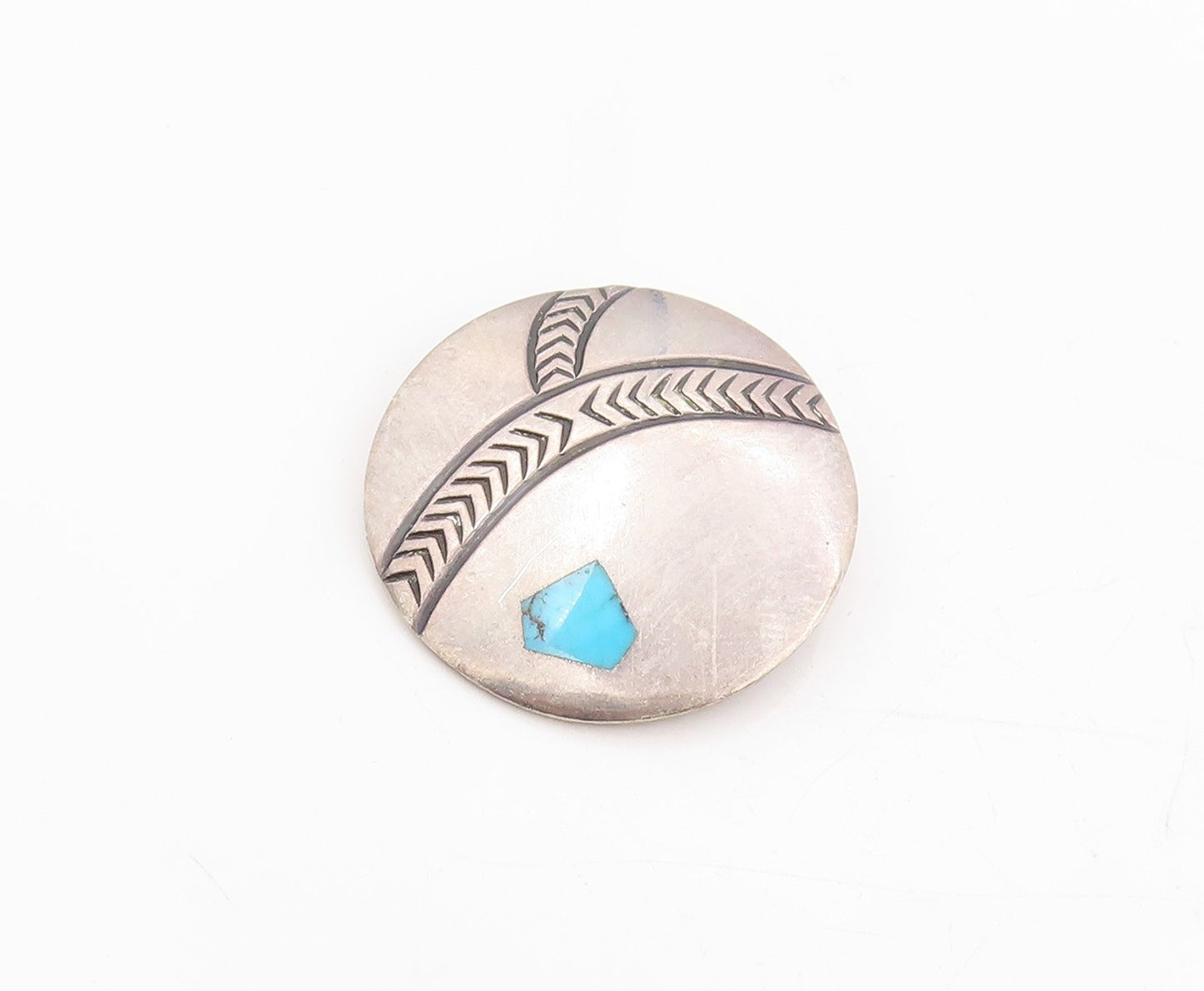 925 Sterling Silver Vintage Brooch Turquoise Inlay Etched Geometric Pin  BP12024