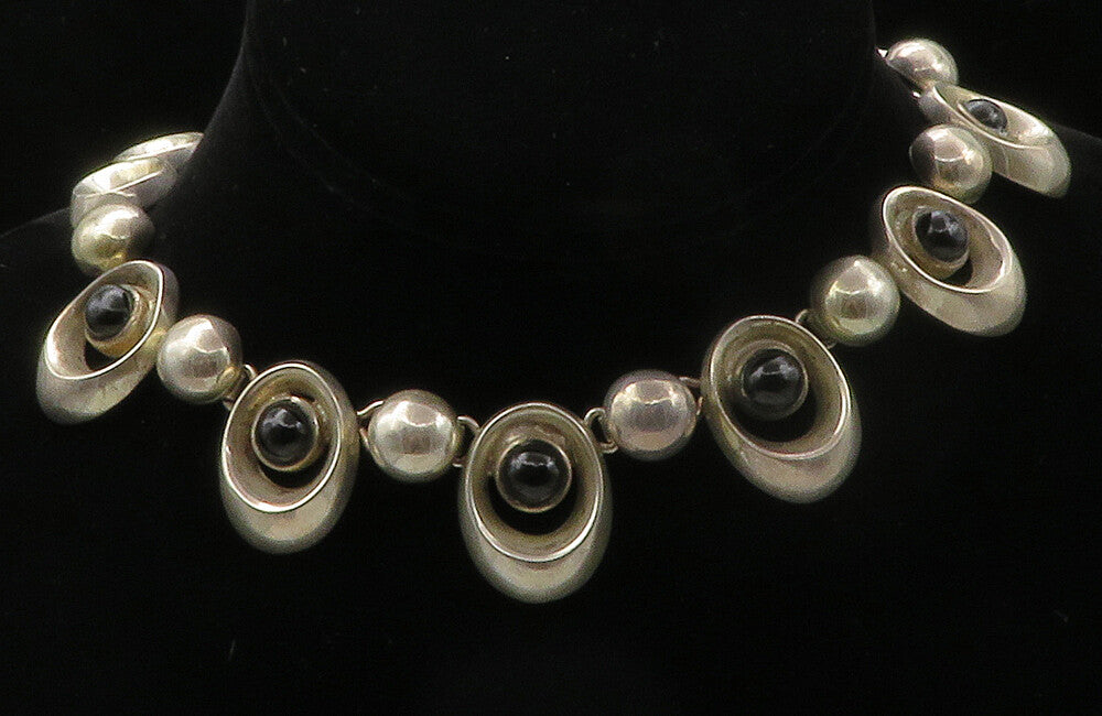 MEXICO 925 Sterling Silver  Vintage Black Gemstone Hinge Chain Necklace  NE2217