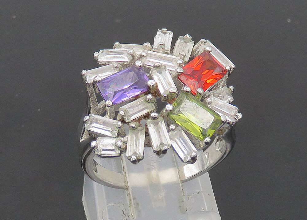 925 Silver Vintage Cubic Zirconia & Multi Stone Cocktail Ring Sz 6.5 RG20809