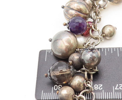 925 Sterling Silver Vintage Bracelet Sphere Cut Pearls Smokey Quartz  BT10255
