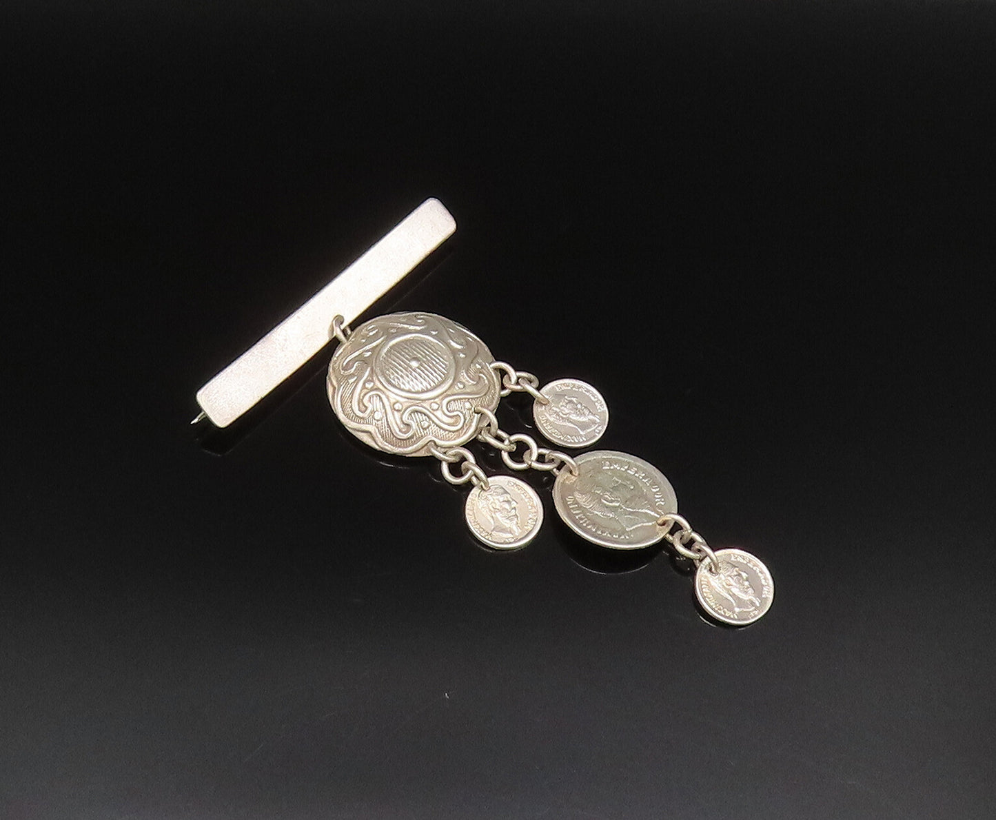MEXICO 925 Silver  Vintage Swirl Dome Coin Chain Dangle Brooch Pin  BP9894