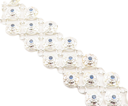 925 Sterling Silver  Blue Topaz Shiny Floral Dome Link Chain Bracelet  BT1618