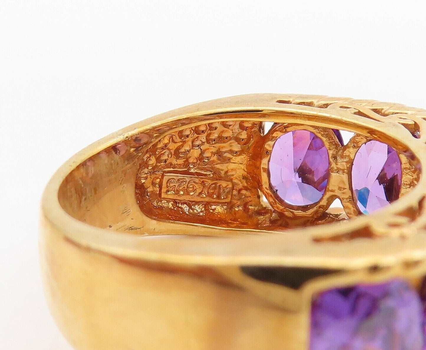 925 Sterling Silver Vintage Ring Gold Plated Carved Amethyst Band  Sz 7  RG30071