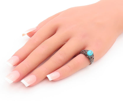 925 Sterling Silver Vintage Ring Swirly Carved Oval Turquoise  Sz 6  RG29064