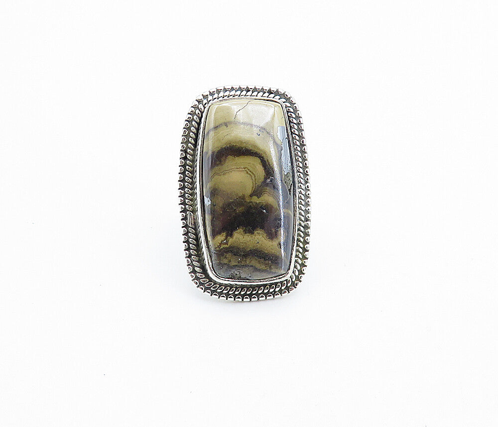 925 Sterling Silver  Brown Jasper Shiny Border Cocktail Ring Sz 6  RG7810