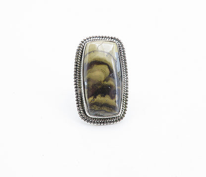 925 Sterling Silver  Brown Jasper Shiny Border Cocktail Ring Sz 6  RG7810
