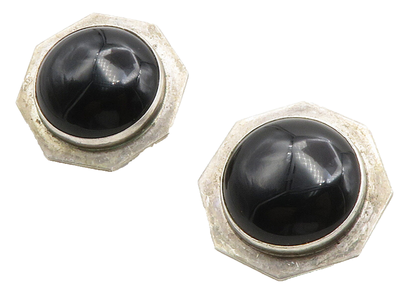 ELAINE ROSE 925 Sterling Silver Vintage Cabochon Cut Black Onyx Earrings  EG6912