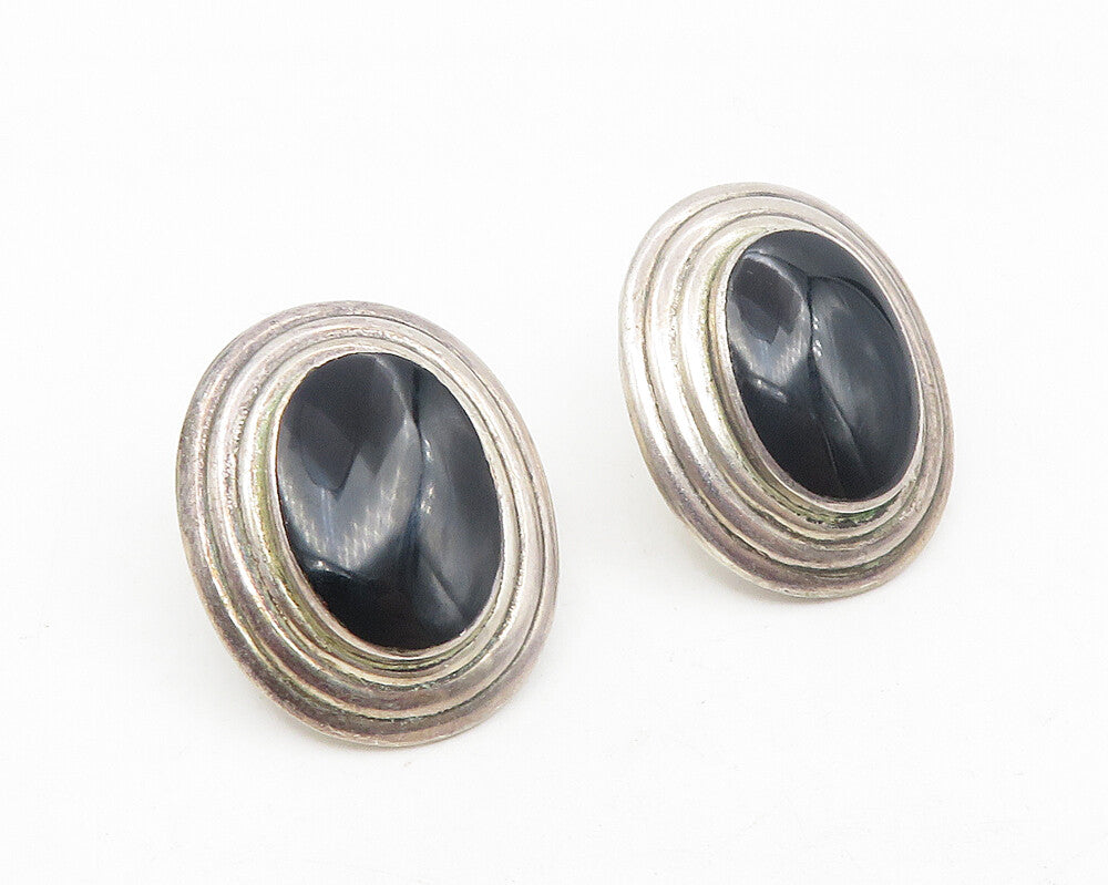 925 Sterling Silver  Vintage Inlaid Black Onyx Oval Dome Drop Earrings  EG5551
