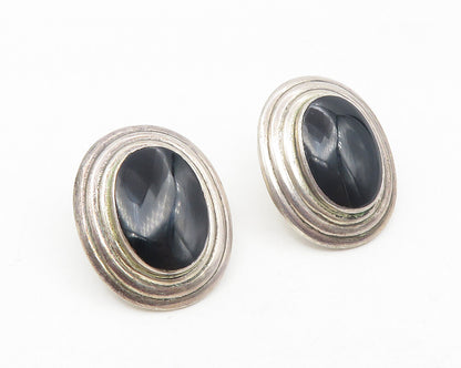 925 Sterling Silver  Vintage Inlaid Black Onyx Oval Dome Drop Earrings  EG5551