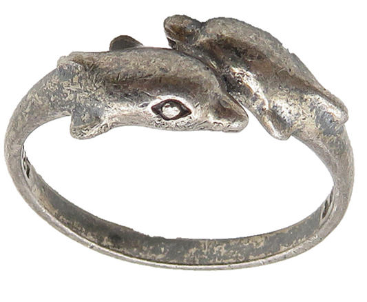 925 Sterling Silver  Vintage Dark Tone Dolphin Motif Bypass Ring Sz 6  RG10514