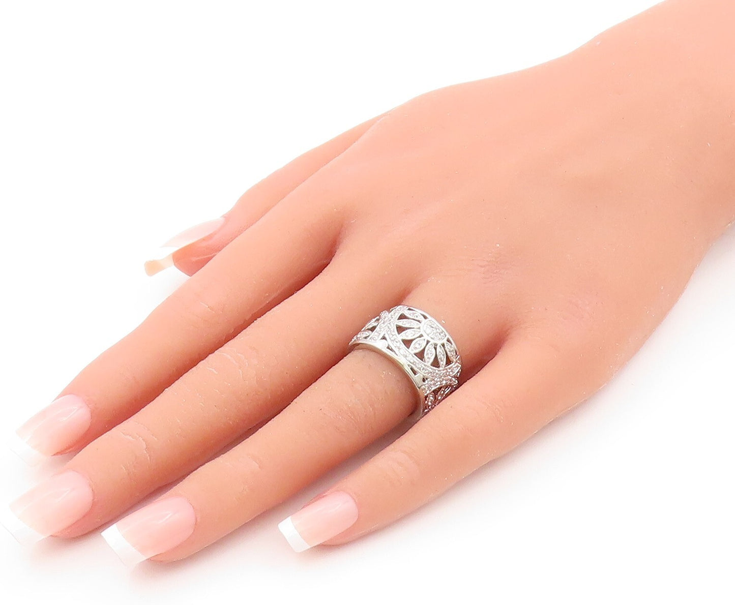 925 Sterling Silver Vintage Ring Modernist CZ Inlay Floral Design  Sz 6  RG31882