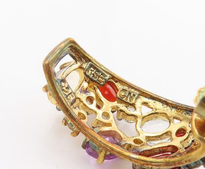 925 Sterling Silver Vintage Earrings Gold Plated Multi Gemstone Hoops  EG14325