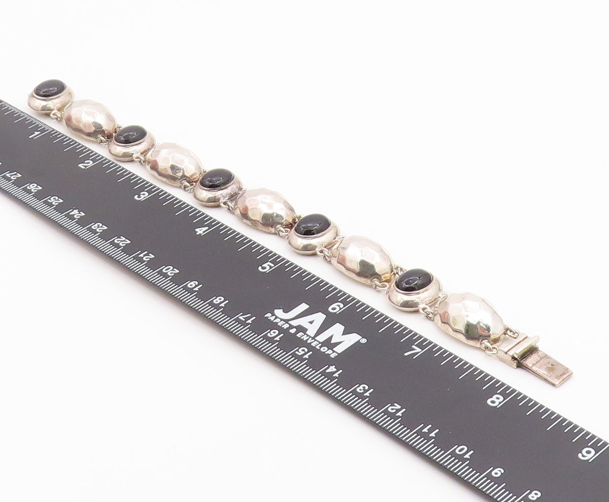 925 Sterling Silver Vintage Bracelet Black Onyx Hammered Puffy Dome Link BT12186