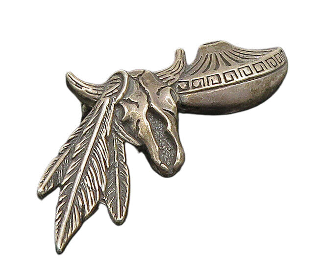 925 Sterling Silver  Vintage Dark Tone Bull Skull & Feathers Brooch Pin BP9084