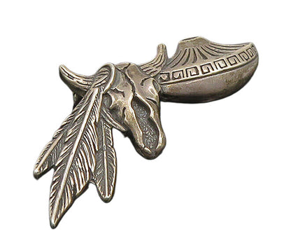 925 Sterling Silver  Vintage Dark Tone Bull Skull & Feathers Brooch Pin BP9084