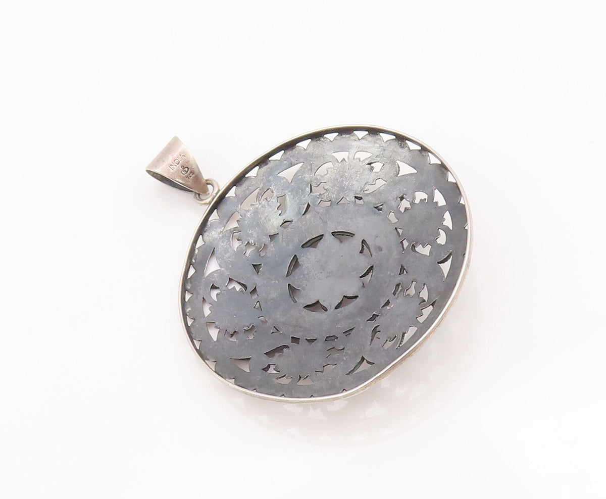 925 Sterling Silver Vintage Pendant Large Round Swirly Floral Carved  PT23034
