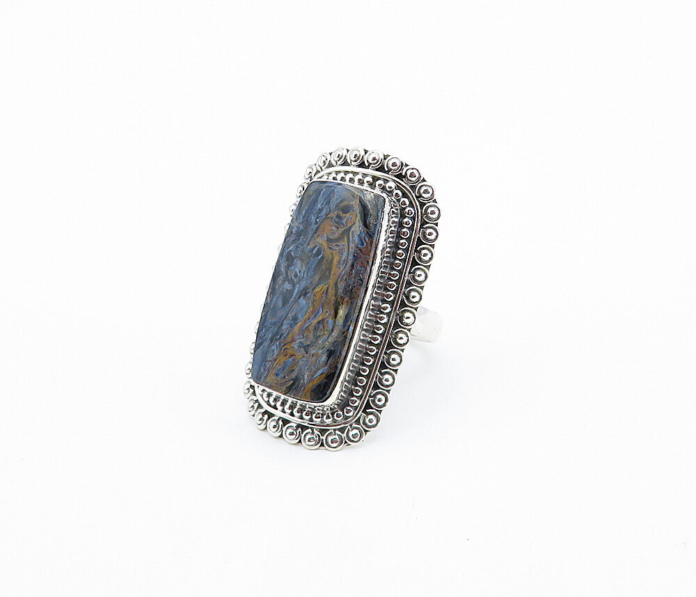 925 Sterling Silver  Brown & Blue Jasper Shiny Cocktail Ring Sz 8.5  RG8200