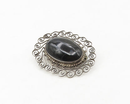 MEXICO 925 Sterling Silver  Vintage Cabochon Cut Black Onyx Brooch Pin  BP6743