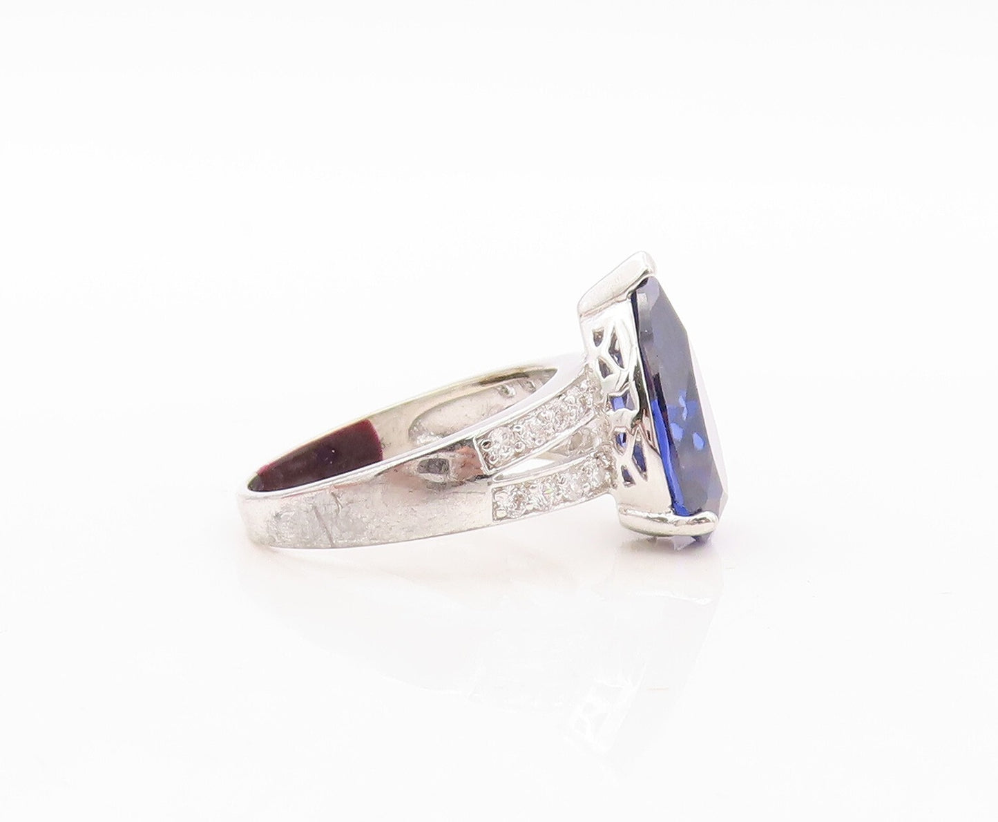 925 Sterling Silver Vintage Ring Drop Cut Sapphire & CZ Cutout Band Sz 7 RG30656