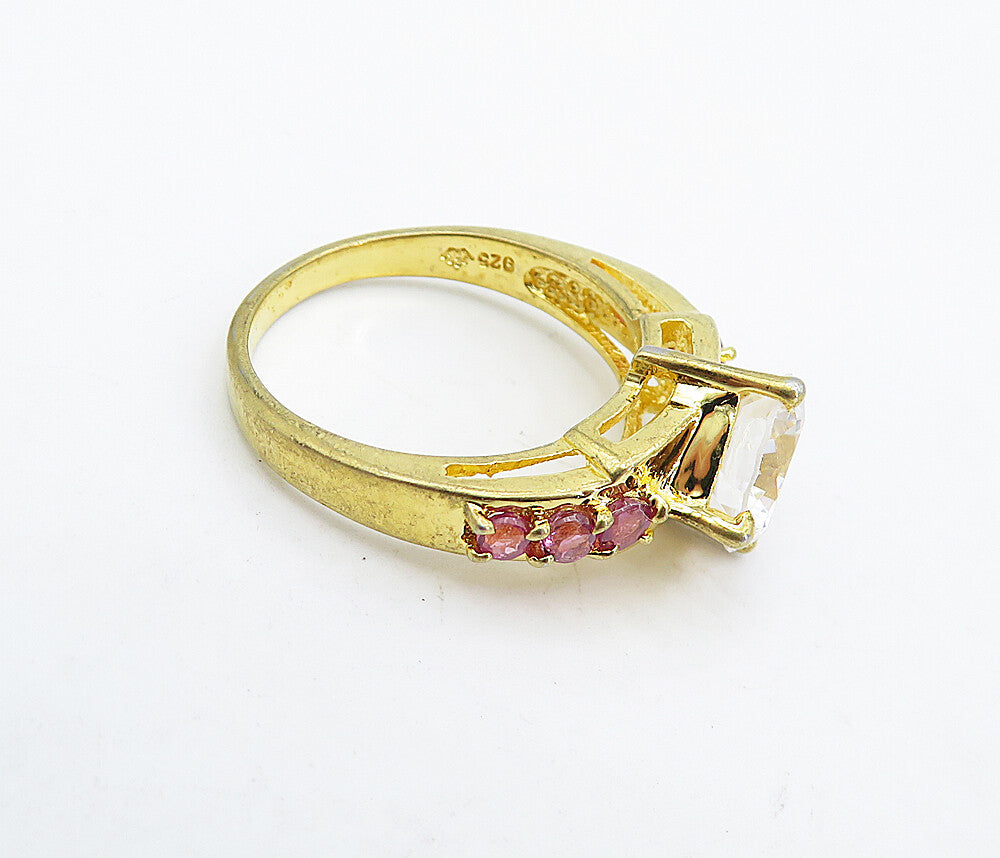 925 Silver  Cubic Zirconia & Pink Topaz Solitaire Accent Ring Sz 7.5  RG4964